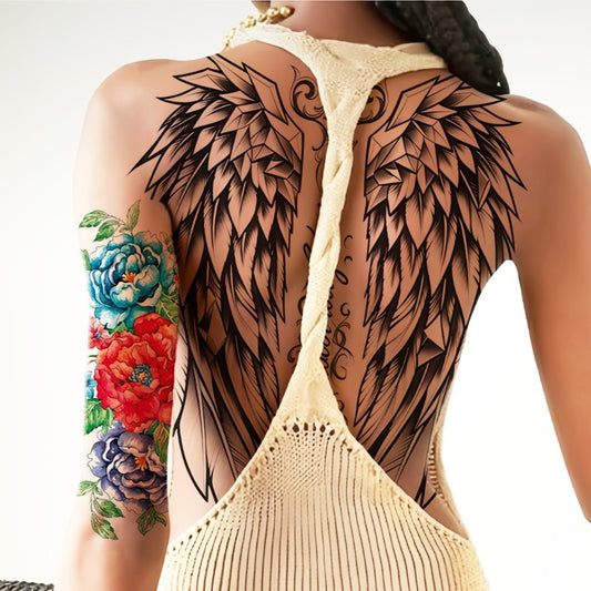 Two large-sized painted semi permanent temporary tattoo stickers wing. Flower pattern Back tattoo Tattoos on the legs Activity Festivals Party exclusive Waterproof temporary tattoo sticker