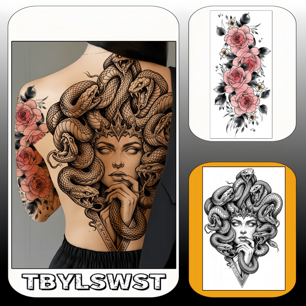 Two large-sized painted semi permanent temporary tattoo stickers Snake girl Flower pattern Back tattoo Tattoos on the legs Activity Festivals Party exclusive Waterproof temporary tattoo sticker