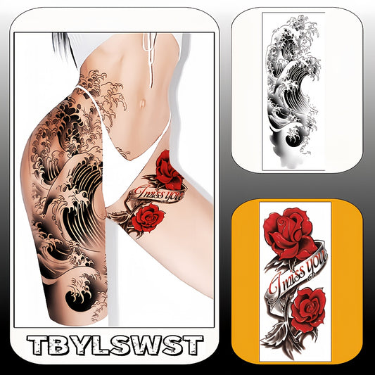 2pcs Large size temporary tattoo stickers with painted colors Wave pattern Red rose pattern Arm tattoo Tattoos on the legs Activity Festivals Party exclusive Waterproof temporary tattoo sticker