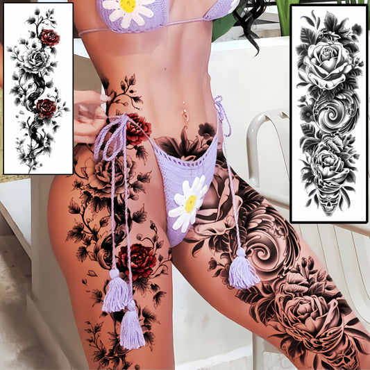 2pcs Large size temporary tattoo stickers with painted colors Flower pattern Red rose pattern Arm tattoo Tattoos on the legs Activity Festivals Party exclusive Waterproof temporary tattoo sticker