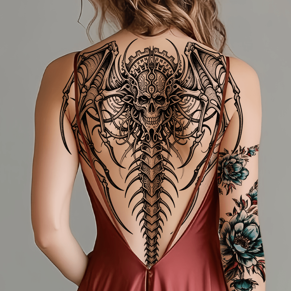 Two large-sized painted semi permanent temporary tattoo stickers human skeleton. Flower pattern Back tattoo Tattoos on the legs Activity Festivals Party exclusive Waterproof temporary tattoo sticker