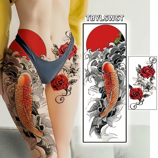 2pcs Large size temporary tattoo stickers with painted colors Carp pattern Red rose pattern Arm tattoo Tattoos on the legs Activity Festivals Party exclusive Waterproof temporary tattoo sticker
