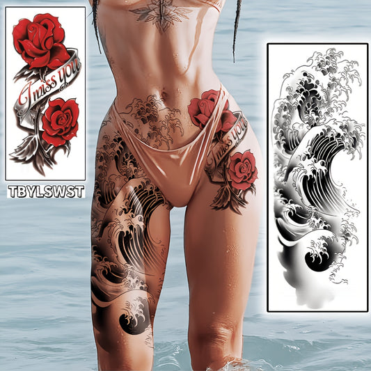 2pcs Large size temporary tattoo stickers with painted colors Wave pattern Red rose pattern Arm tattoo Tattoos on the legs Activity Festivals Party exclusive Waterproof temporary tattoo sticker