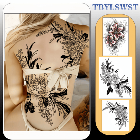 Three large-sized painted semi permanent temporary tattoo stickers Flower pattern Back tattoo Tattoos on the legs Activity Festivals Party exclusive Waterproof temporary tattoo sticker