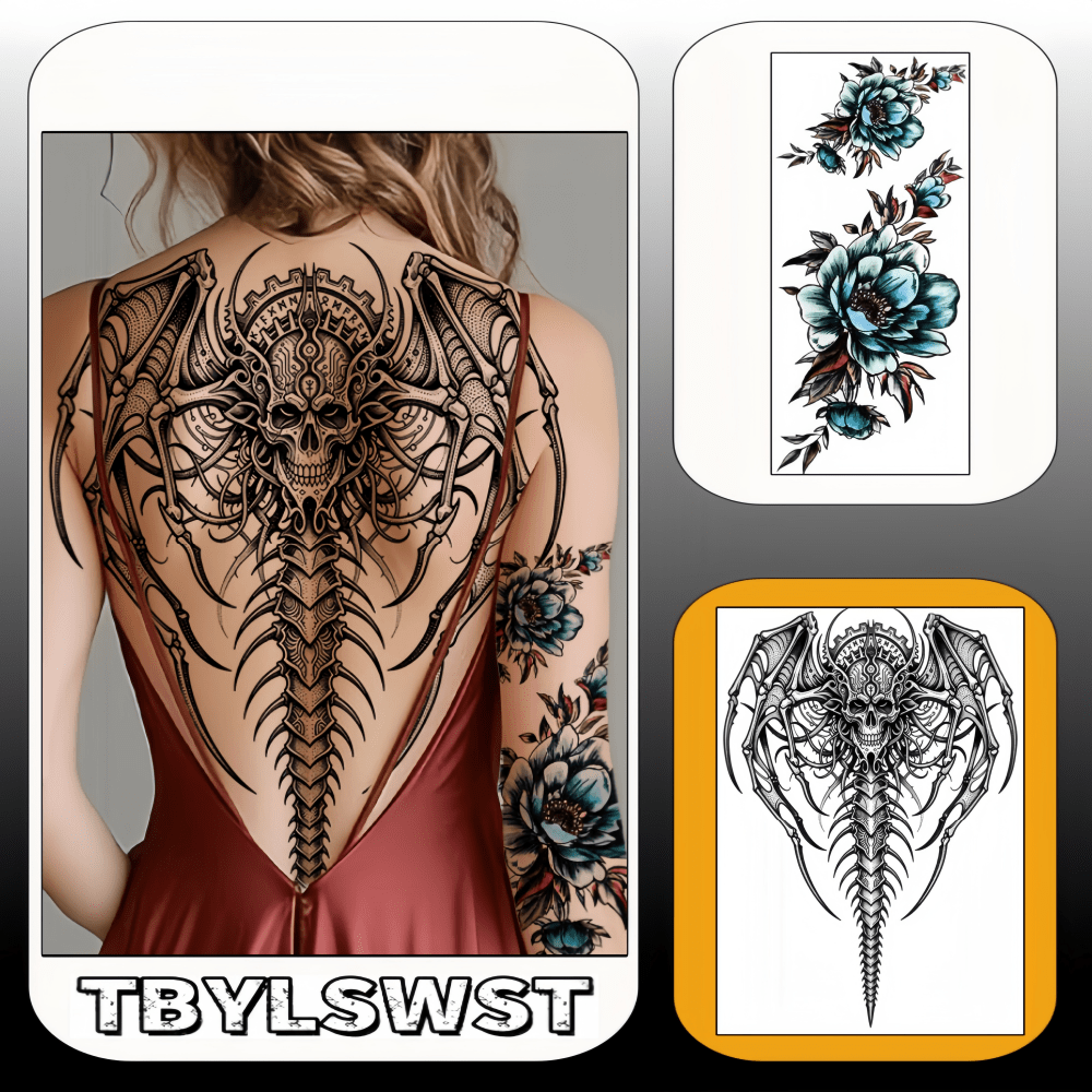 Two large-sized painted semi permanent temporary tattoo stickers human skeleton. Flower pattern Back tattoo Tattoos on the legs Activity Festivals Party exclusive Waterproof temporary tattoo sticker