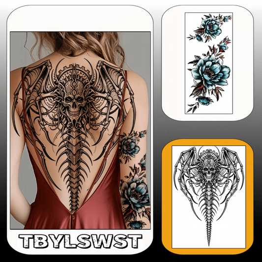 Two large-sized painted semi permanent temporary tattoo stickers human skeleton. Flower pattern Back tattoo Tattoos on the legs Activity Festivals Party exclusive Waterproof temporary tattoo sticker
