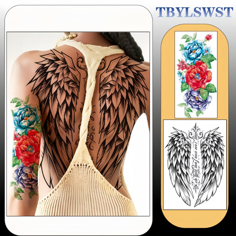Two large-sized painted semi permanent temporary tattoo stickers wing. Flower pattern Back tattoo Tattoos on the legs Activity Festivals Party exclusive Waterproof temporary tattoo sticker
