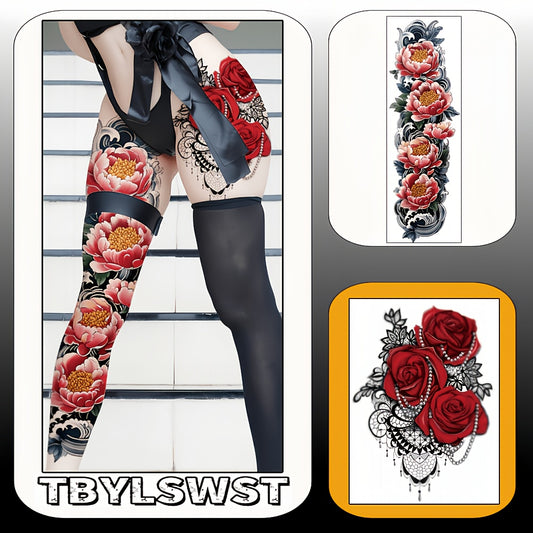 2pcs Large size temporary tattoo stickers with painted colors Peony pattern Red rose pattern Arm tattoo Tattoos on the legs Activity Festivals Party exclusive Waterproof temporary tattoo sticker