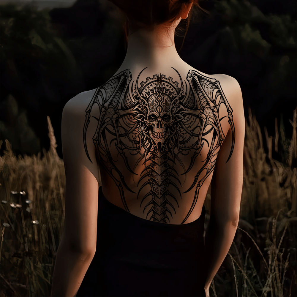 Two large-sized painted semi permanent temporary tattoo stickers human skeleton. Flower pattern Back tattoo Tattoos on the legs Activity Festivals Party exclusive Waterproof temporary tattoo sticker