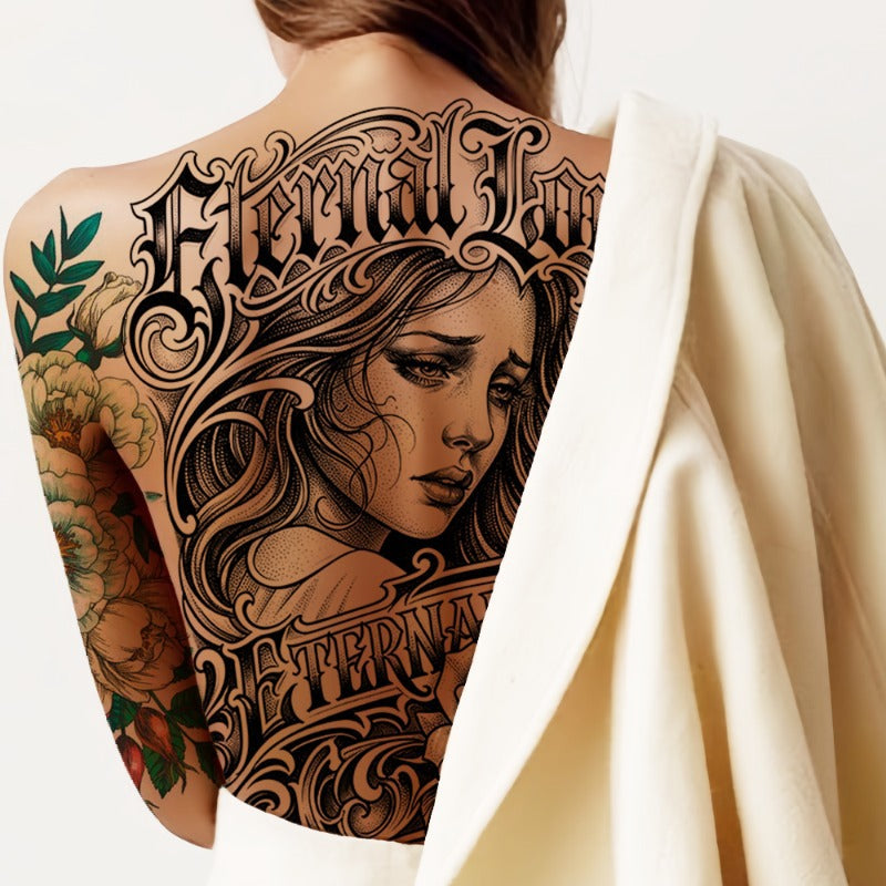 Two large-sized painted semi permanent temporary tattoo stickers English girl Flower pattern Back tattoo Tattoos on the legs Activity Festivals Party exclusive Waterproof temporary tattoo sticker
