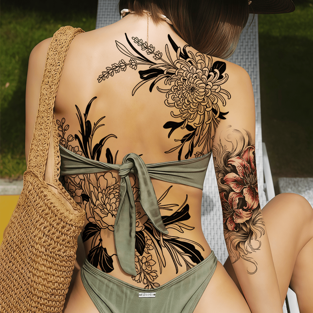 Three large-sized painted semi permanent temporary tattoo stickers Flower pattern Back tattoo Tattoos on the legs Activity Festivals Party exclusive Waterproof temporary tattoo sticker