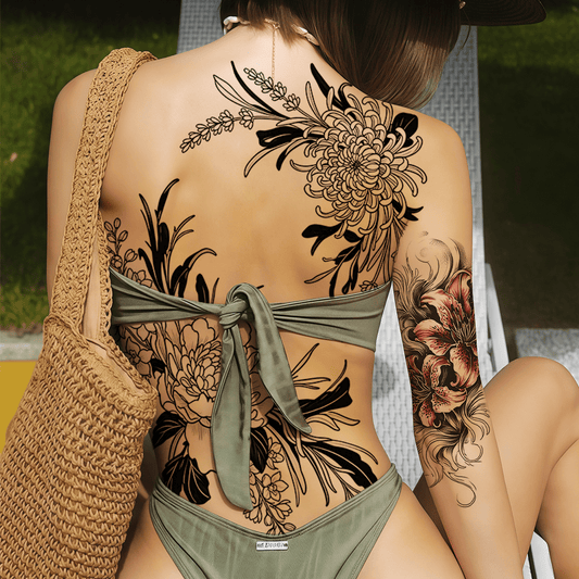 Three large-sized painted semi permanent temporary tattoo stickers Flower pattern Back tattoo Tattoos on the legs Activity Festivals Party exclusive Waterproof temporary tattoo sticker