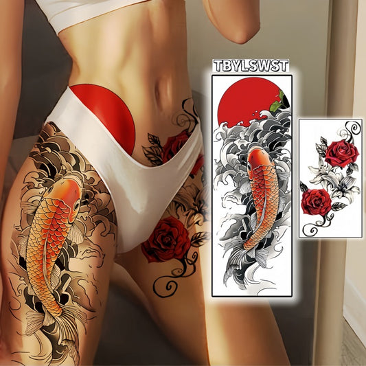2pcs Large size temporary tattoo stickers with painted colors Carp pattern Red rose pattern Arm tattoo Tattoos on the legs Activity Festivals Party exclusive Waterproof temporary tattoo sticker