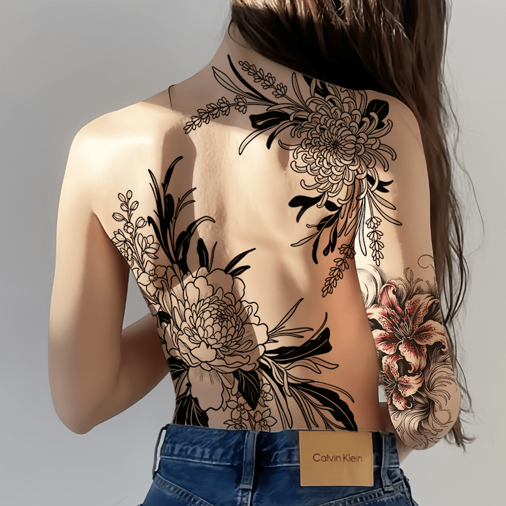 Three large-sized painted semi permanent temporary tattoo stickers Flower pattern Back tattoo Tattoos on the legs Activity Festivals Party exclusive Waterproof temporary tattoo sticker