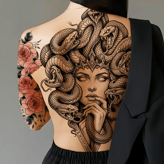 Two large-sized painted semi permanent temporary tattoo stickers Snake girl Flower pattern Back tattoo Tattoos on the legs Activity Festivals Party exclusive Waterproof temporary tattoo sticker