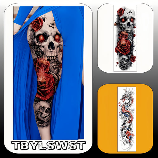 2pcs Large sized floral skeletons Temporary tattoo sticker for dragon painting Arm Legs Waterproof tattoo sticker on the buttocks Activity Festivals Party scene usage