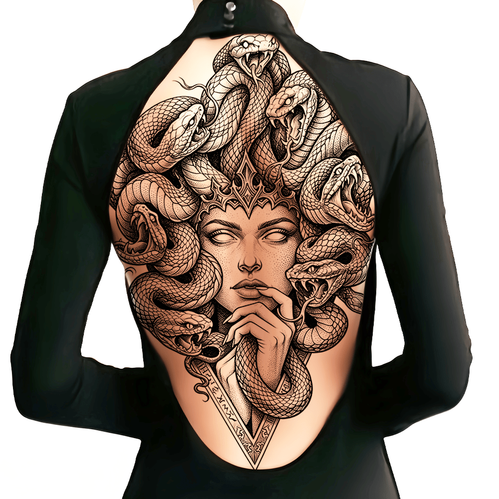 Two large-sized painted semi permanent temporary tattoo stickers Snake girl Flower pattern Back tattoo Tattoos on the legs Activity Festivals Party exclusive Waterproof temporary tattoo sticker