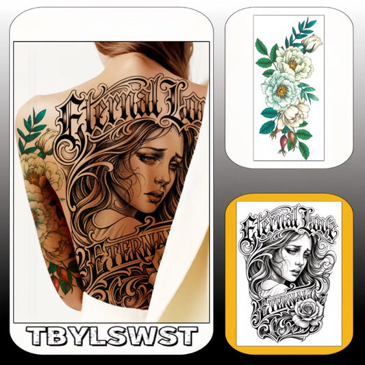 Two large-sized painted semi permanent temporary tattoo stickers English girl Flower pattern Back tattoo Tattoos on the legs Activity Festivals Party exclusive Waterproof temporary tattoo sticker