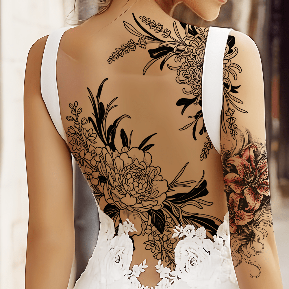 Three large-sized painted semi permanent temporary tattoo stickers Flower pattern Back tattoo Tattoos on the legs Activity Festivals Party exclusive Waterproof temporary tattoo sticker