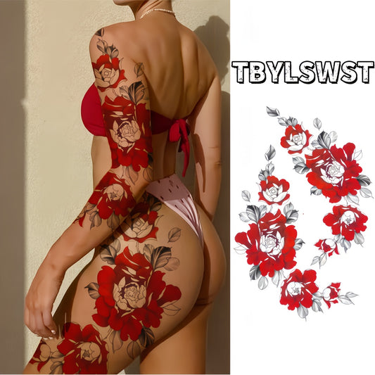 2 patterns. Sexy temporary tattoo sticker with large size colorful flowers. arm. Hip and leg. Waterproof temporary tattoo stickers must be a must in summer. Dedicated for festive events and parties