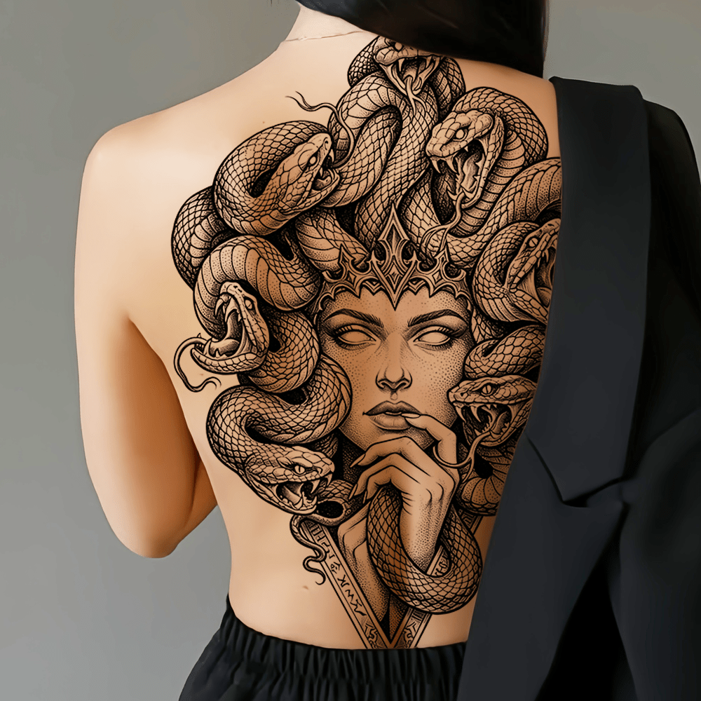 Two large-sized painted semi permanent temporary tattoo stickers Snake girl Flower pattern Back tattoo Tattoos on the legs Activity Festivals Party exclusive Waterproof temporary tattoo sticker